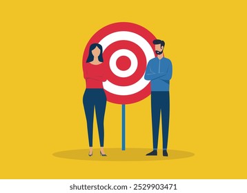 a woman and a man standing in front of a target on a yellow background. vector graphic