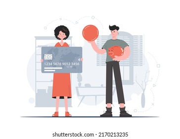 A woman and a man are standing in full growth holding a credit card and a coin in their hands. Saving. Flat style. Element for presentations, sites. Vector illustration