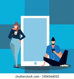 woman and man standing near big smartphone and using mobile vector illustration