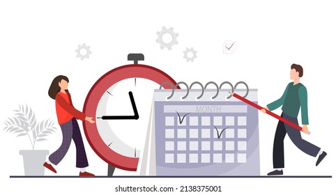 A woman and man standing near calendar and clock, planning and deadline concept, freelance work, management , organization, working time concept, scheduling team project, time control plan vector