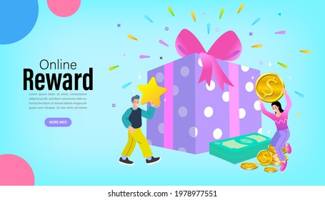 Woman and Man Standing near Gift Box. People Characters Receiving Online Reward. Loyalty reward points for purchase cashback program. Earn and get bonus signs. Vector Illustration.
