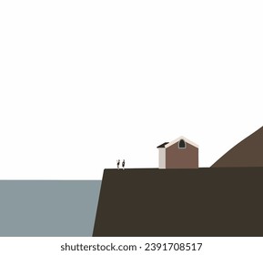Woman and man standing on cliff taking photo of natural landscape with lonely house on the mountain. Travel on holiday vacation. Minimal design. 