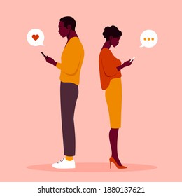 A woman and man are standing in profile and holding a smartphones. Figure of people in a full-length. Vector flat Illustration