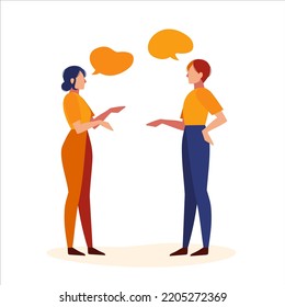 Woman and man standing talking. Communication of young people. People conversation with speech bubbles.