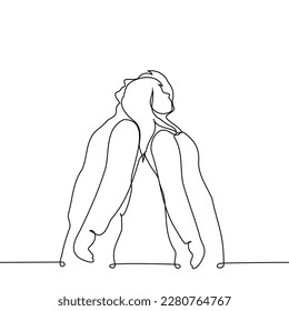 woman and a man standing with their backs to each other, leaning their heads on each other and looking up - one line drawing vector. concept lean on each other
