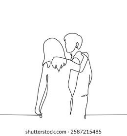 woman and man standing with their backs turned or walking away, she put her hand on man's shoulders - one line art vector. concept support, emotional help, comfort. Handmade vector not AI