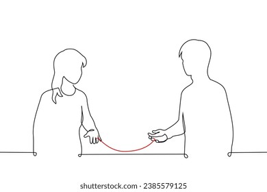 woman and a man are standing, their fingers are tied with a red thread - one line art vector. concept red thread of fate, lover, love destined for fate