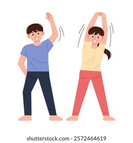 Woman and man stretching. Healthy habits, warm up before and after exercise.