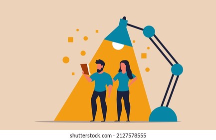 Woman And Man Student Education And Graduation. Homework Classroom And Learn Course Online Vector Illustration Concept. Human Learning Business And Training Communication. Character Reading Book