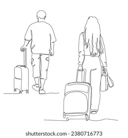 Mujer y hombre con maletas sobre ruedas caminando. Mujer sosteniendo bolso de compra y teléfono. Vista posterior. Dibujo continuo de líneas. Ilustración vectorial en blanco y negro en estilo de arte en línea.