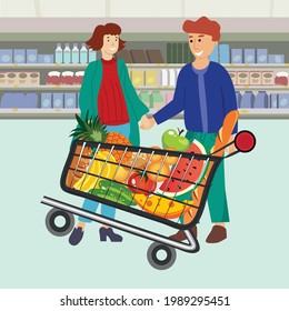 Woman and man at supermarket flat style illustration. Family shopping illustration. Family is shopping at supermarket. Cart with groceries. Cartoon vector illustration