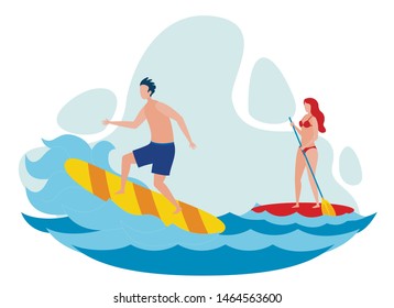 Woman and Man Surfing Flat Vector Illustration. Girl on Paddleboard Floating and Paddling. Guy on Surf Board in Ocean. Surfer Showing Extreme Tricks on Surfboard Cartoon Illustration