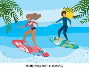 woman and man surfing in the surfboards with leaves plants