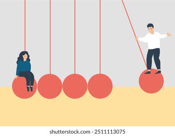 Woman and man swinging on the pendulum to meet each other. Couple illustrating long distance relationships. Concept of love, personal growth, and gender equality. Vector illustration