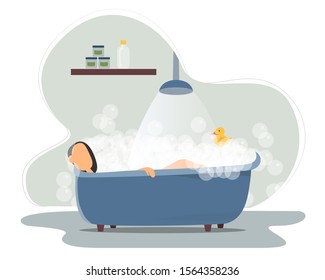 woman man taking bath in bathroom with rubber duck. Wash head, hair, body, skin with shampoo, soap, sponge, water. Bathtub full of foam with bubbles. Hygiene, everyday routine, relax.