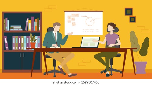 Woman and man talk about work at office. Team work. Coworking workplace