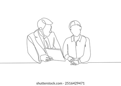 Woman and Man Talking Continuous One Line Drawing. Working in Office Minimalistic Black Lines Drawing on White Background. Business Concept Abstract Linear Sketch Drawing. Vector