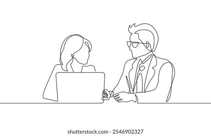 Woman and Man Talking Continuous One Line Drawing. Work Process Minimal Black One Line Drawing on White Background. Business Concept Abstract Linear Sketch Drawing. Vector. Not AI!