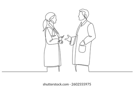 Woman and Man Talking Continuous One Line Drawing. Work Process Minimal Black One Line Drawing on White Background. Medicine Concept Abstract Linear Sketch Drawing. Vector. Not AI