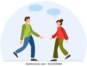Woman and man talking to each other, young people spending time together, discuss something or changing ideas, friendship and relationship concept, flat vector illustration