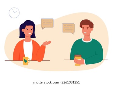 Woman and a man are talking to each other. Two employees are chatting and discussing the news. Friends conduct a dialogue about their affairs and hobbies. Speech bubble. Vector illustration