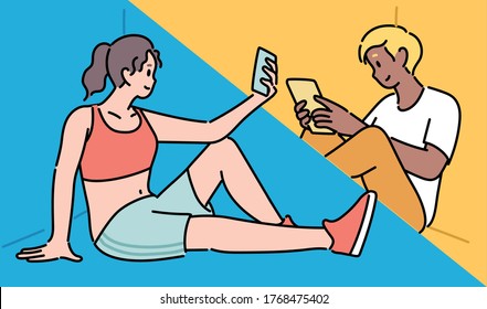 A woman and a man are talking on their phones in different spaces. hand drawn style vector design illustrations. 