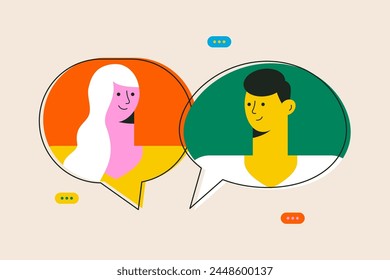 Woman and man talking together. Young couple of people with speech bubbles sharing impressions. Expressing opinion, communication concept. Conversation with partner. Colorful flat vector illustration