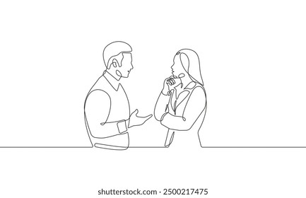 Mujer y hombre que hablan de dibujo de arte de línea de moda. Pareja hablando líneas negras minimalistas dibujando sobre fondo blanco. Dibujo Abstractas continuo de una línea. Diseño moderno de los pueblos. Vector EPS 10