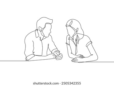 Woman and Man Talking Trendy Line Art Drawing. Couple Talking Minimalistic Black Lines Drawing on White Background. Continuous One Line Abstract Drawing. Peoples Modern Design. Vector EPS 10