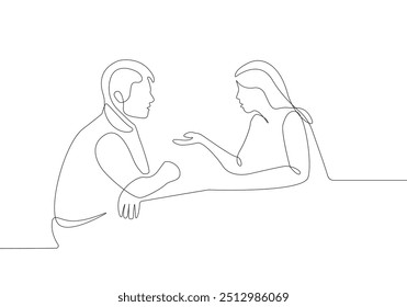 Woman and Man Talking Trendy Line Art Drawing. Couple Talking Minimalistic Black Lines Drawing on White Background. Continuous One Line Abstract Drawing. Peoples Modern Design. Vector EPS 10