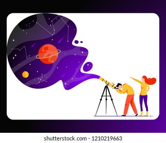 Woman and man with telescope in search of a planet. Vector illustration in flat style