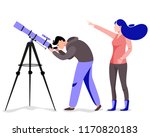 Woman and man with telescope in search of a star. Vector illustration in flat style