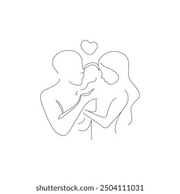 Woman, man, and their child, vector symbol. Happy family with kids line art on white background. Parents and newborn minimal design.