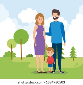 woman and man with their son child and trees