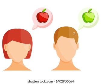 A woman and a man think about a fresh apple, people eat healthy food, a girl and a guy want to eat fruit vector illustration