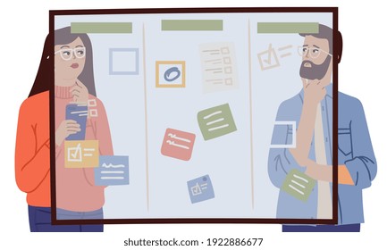 Woman man thinking. Couple behind glass planning board with tasks. Team brainstorm, detectives at work. Business process, creative start up or collective working vector concept