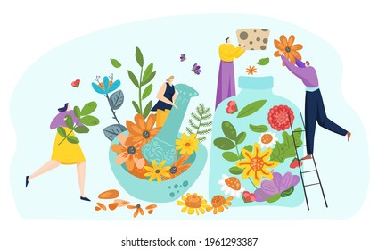 Woman man tiny character together decorate spring bloom wildflower jar pot, concept bouquet floret flat vector illustration, isolated on white.