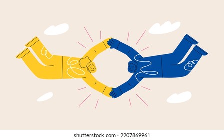 Woman and man together holding hands. Synchronization, team risk, help each other and trust concept. Colorful vector illustration