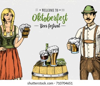 A woman and man in traditional Belgian or Bavarian clothes with beer. engraved in ink hand drawn in old sketch and vintage style for web or pub menu. design of oktoberfest on gray background.