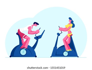 Woman and Man Training in Gym on Exercise Bike. Sports Lifestyle Workout, Healthy People Doing Cardio Exercising in Fitness Club Biking Sport Hobby Weight Loss Process. Flat Vector Illustration