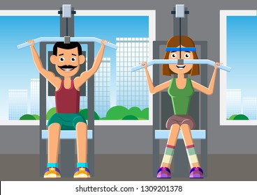 Woman and man are training on the simulator in the gym. Caring for health and good mood. Vector illustration