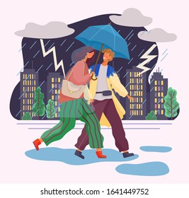 Woman and man under umbrella, girl and guy walking in thunderstorm vector. Couple in love at rainy autumn weather, seasonal weather conditions. Fall lightening and clouds over city illustration