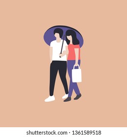 Woman and man under the umbrella on a light background. Colorful flat vector illustration.