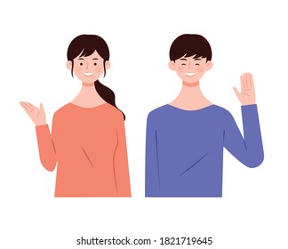 Woman and man upper body illustration. The two are making gestures to guide and greet with their hands.