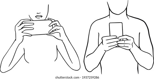 Woman and man use smartphone selfie photo for social network. Selfie expert vector illustration. Social media people. Web, app, card, editorial, flyer, banner. Minimalism hand drawn line art design 