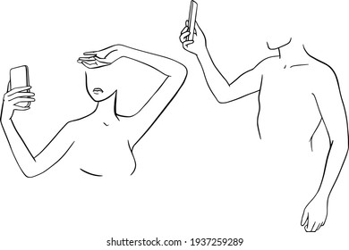 Woman and man use smartphone selfie photo for social network. Selfie expert vector illustration. Social media people. Web, app, card, editorial, flyer, banner. Minimalism hand drawn line art design 