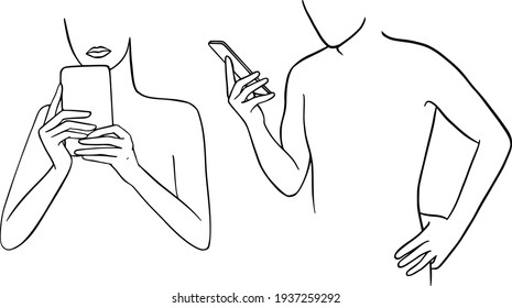 Woman and man use smartphone selfie photo for social network. Selfie expert vector illustration. Social media people. Web, app, card, editorial, flyer, banner. Minimalism hand drawn line art design 