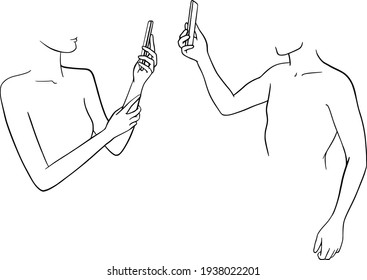 Woman and man use smartphone selfie photo for social network. Selfie expert vector illustration. Social media people. Web, app, card, editorial, flyer, banner. Minimalism hand drawn line art design 