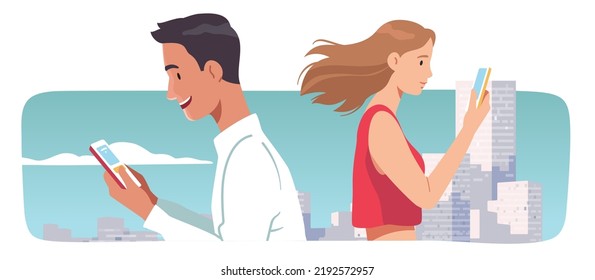 Woman, man using mobile cell phones in city. Young person characters holding smartphones surfing on Internet, communicating online. Technology, gadget addiction, communication flat vector illustration