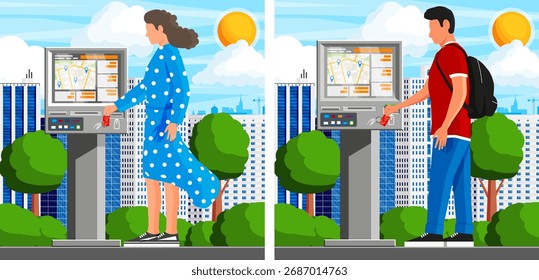Mulher e homem usando o terminal de autoatendimento para navegação da cidade e pagamento ao ar livre. Quiosque de rua com mapa na tela em estilo plano.